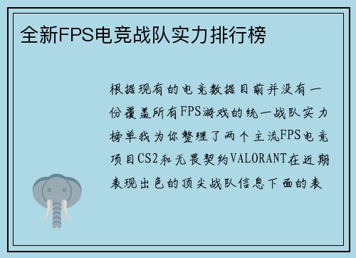 全新FPS电竞战队实力排行榜
